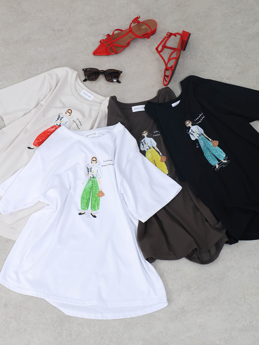 フレンチブルドッグ＆ガールイラストTシャツ
